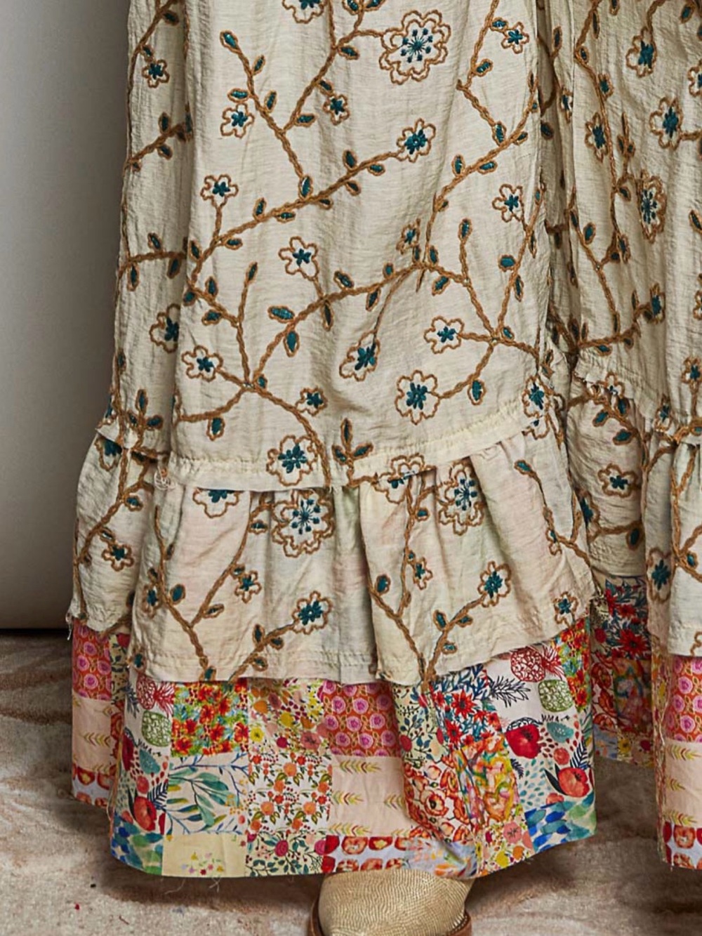 Bohemian Textured Floral Embroidered Wide-Leg Overalls - Cream - Picture 6 of 7